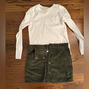 White Long Sleeve Top and Green Corduroy Skirt Set